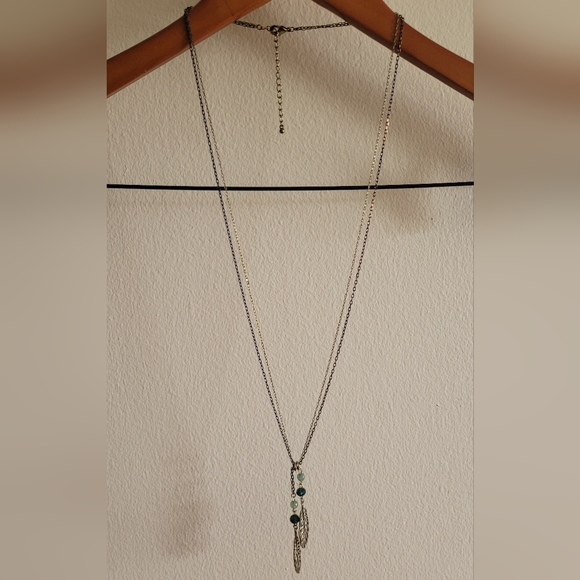 Brassy Feather and Bead Double Strand Necklace - Picture 2 of 4